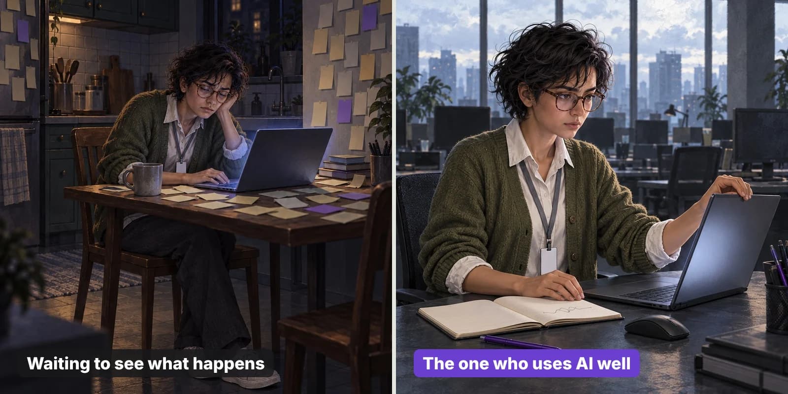 Jo slumped at the kitchen table late at night, then calm at the office desk the next morning.