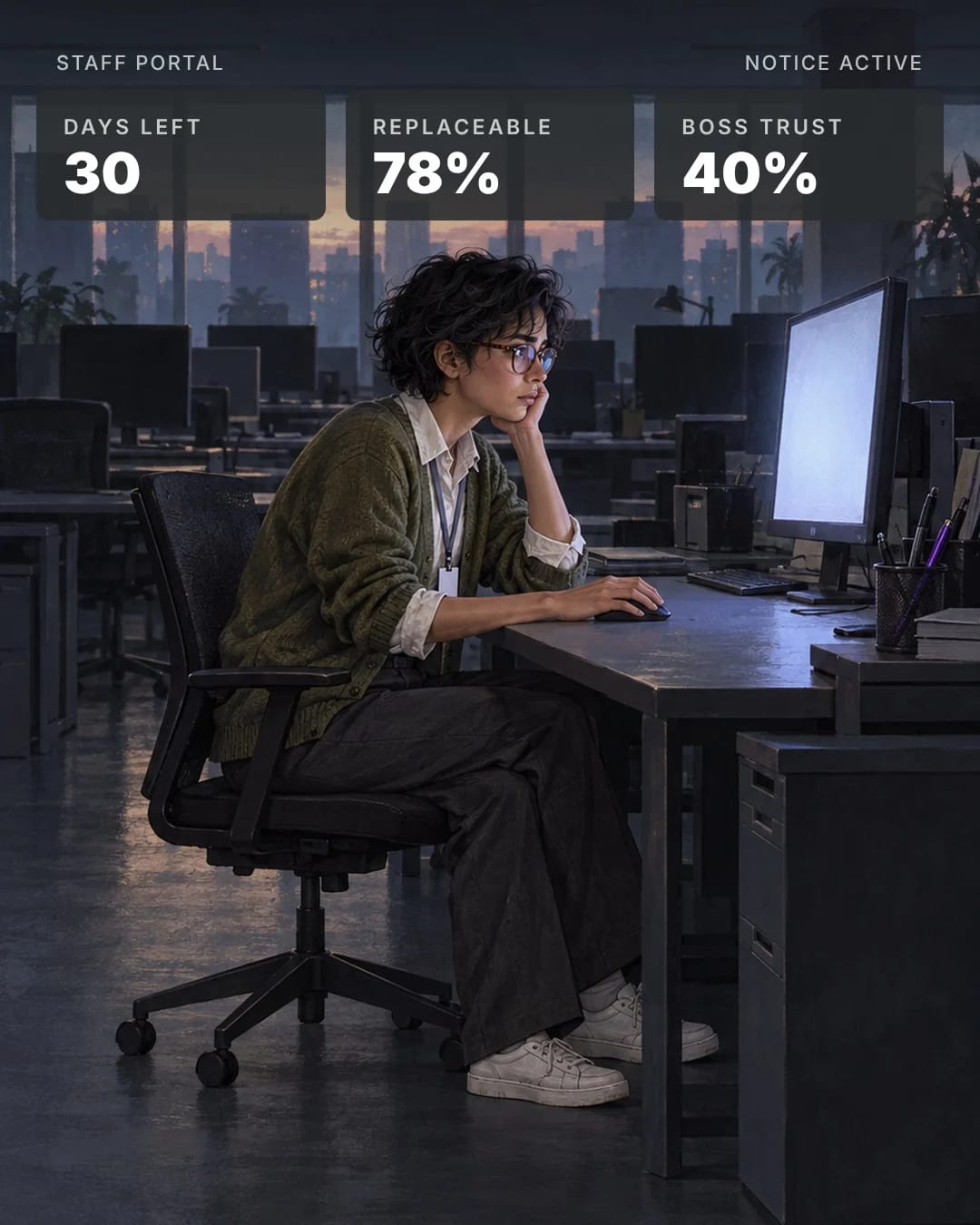 Illustration of Jo, an office worker, alone at a desk in an empty office at dawn. A staff portal shows 30 days left and 78% replaceable.